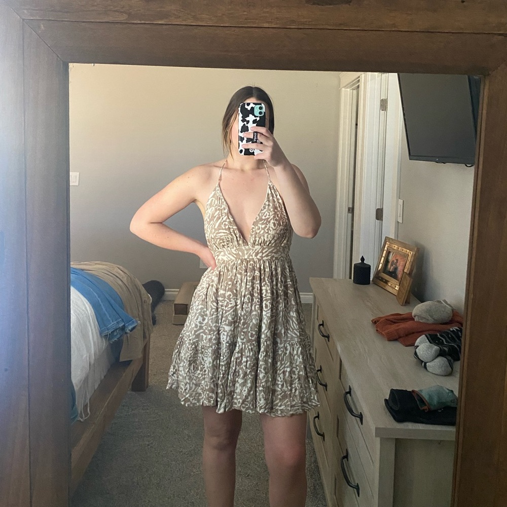 Beige and White Printed halter dress